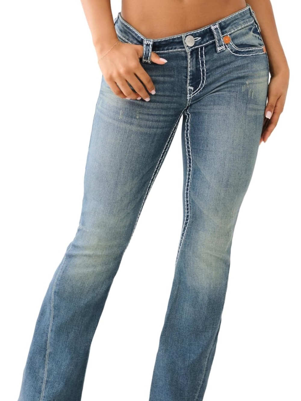 True Religion Women's Medium Blue Flare Jeans with Contrast Stitching